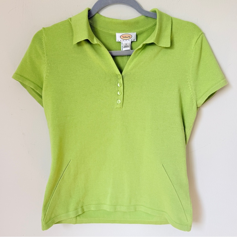 Vintage NWT 90s Talbots Polo Shirt Lime Green Collared Top Short Sleeve Small